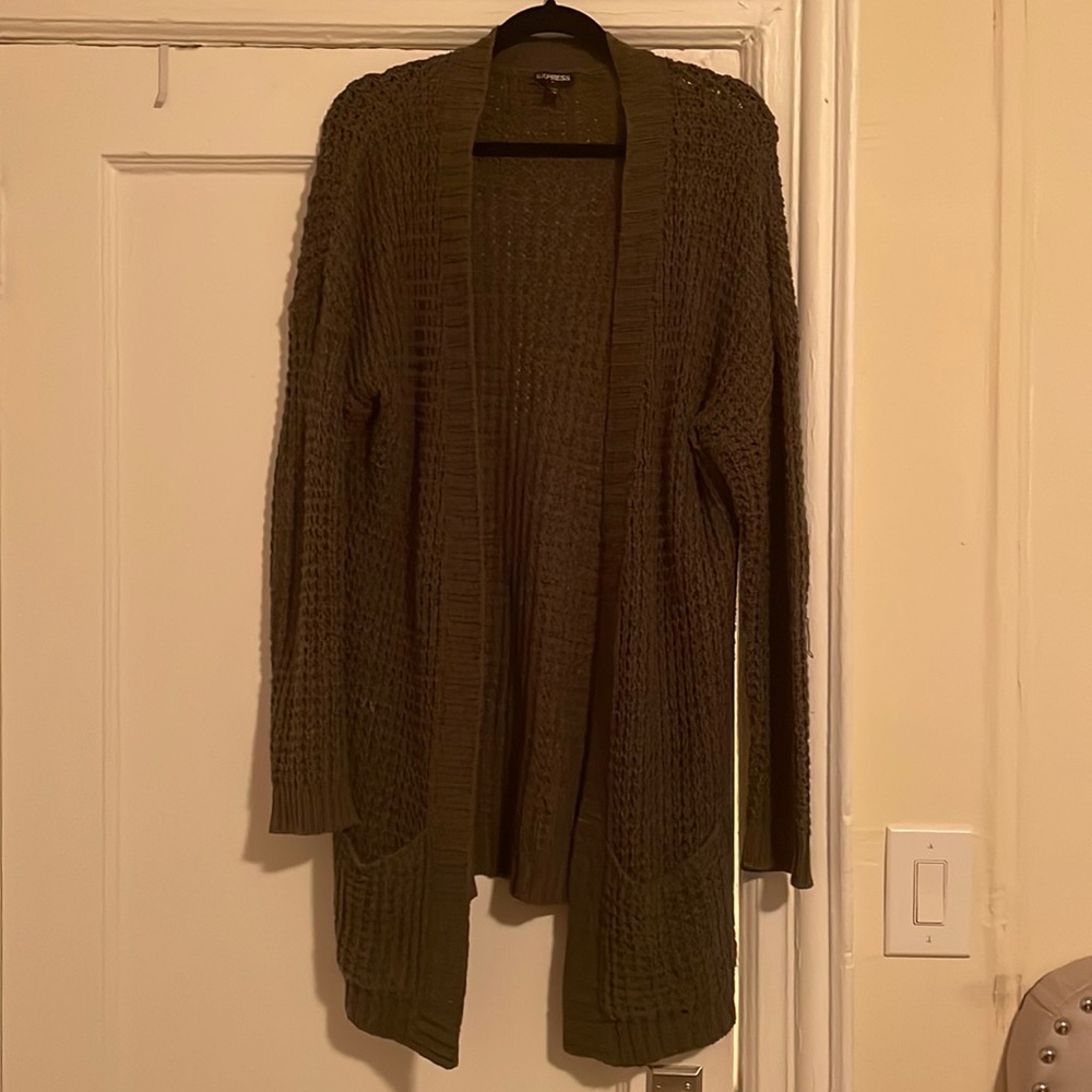 Olive green duster sweater. Size large.